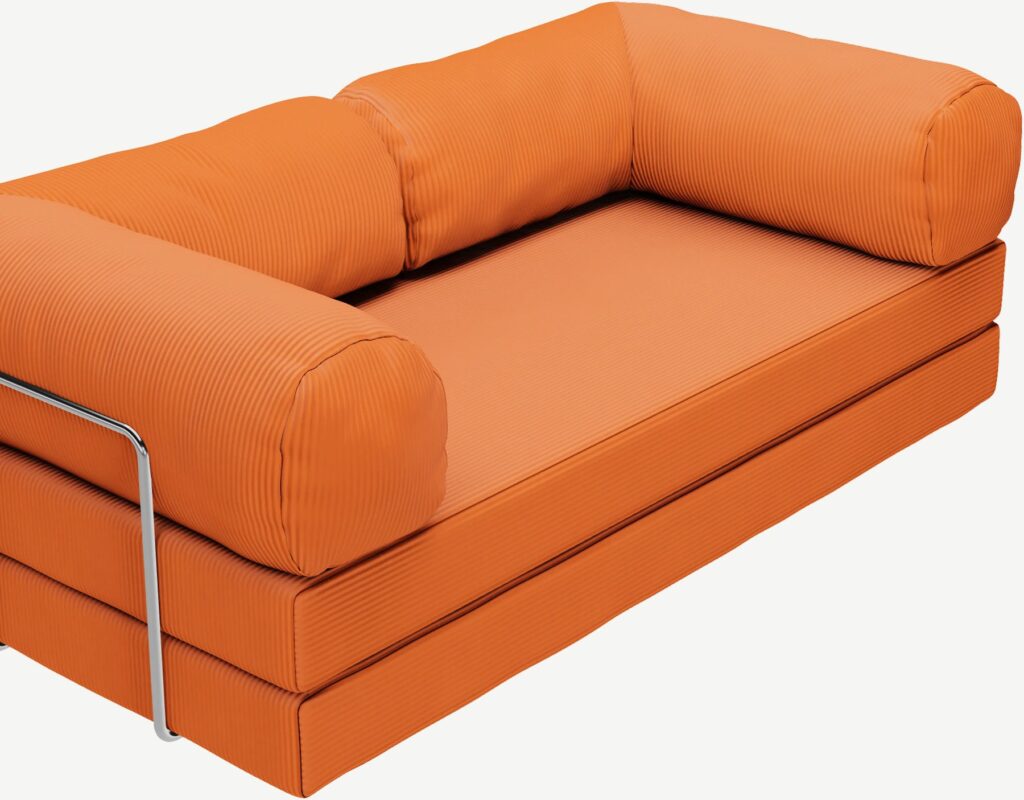 The TEDY sofa in dupe-orange, OMHU's own copy of its TEDDY sofa