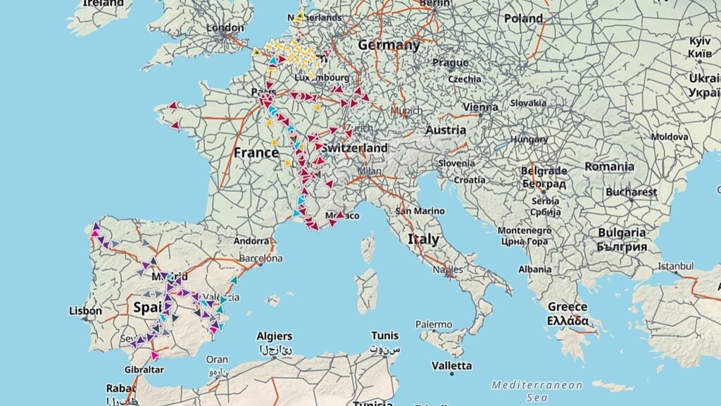 Screengrab of TrainTracker24 live map showing trains across France, Spain and Belgium